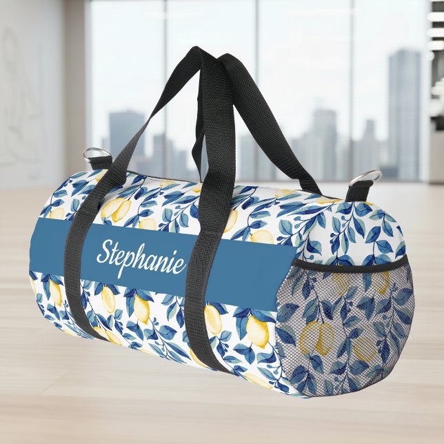 Blue Yellow Watercolor Lemon Monogram Duffle Bag (Von Creator hochgeladen)