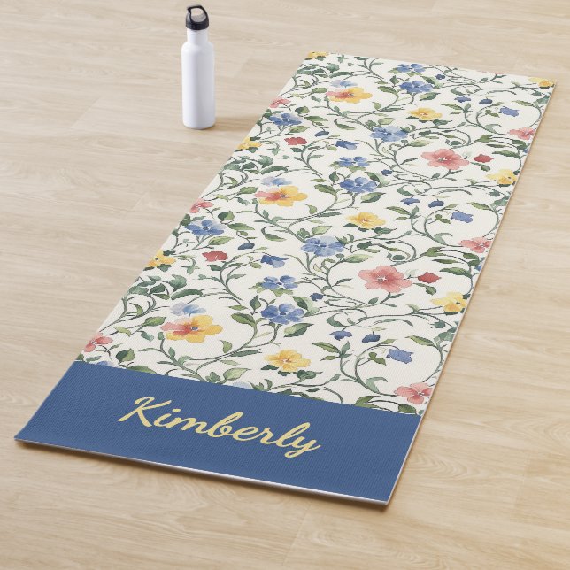 Blue Yellow Watercolor Wildflower Monogram Name Yogamatte (Beispiel)