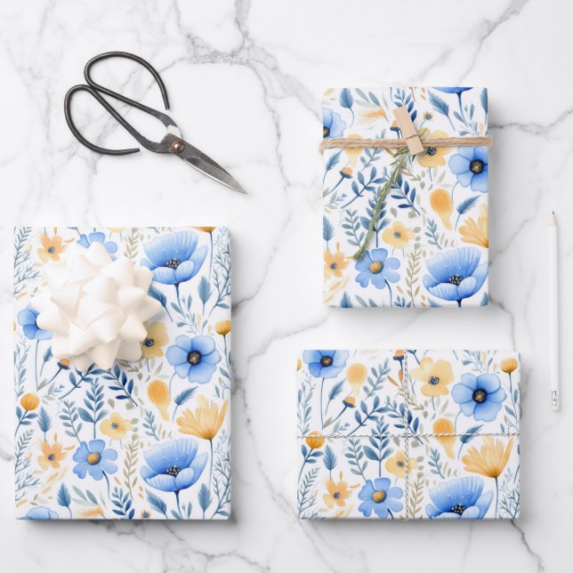 Blue Yellow Wildblumen Boho Baby Brautparty Geschenkpapier Set (Vorderseite)