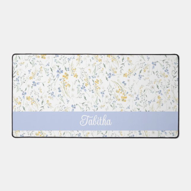 Blue Yellow Wildflower Pattern Custom Name Schreibtischunterlage (Vorderseite)