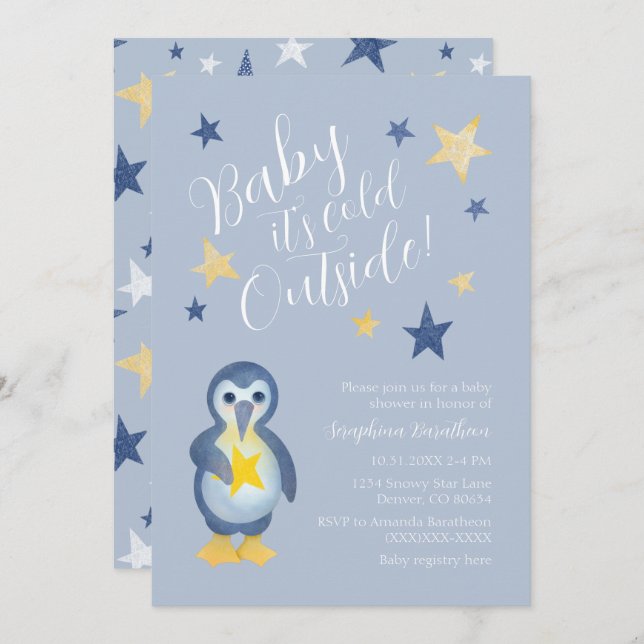 Blue Yellow Winter Pinguin Baby Dusche Einladung (Vorne/Hinten)
