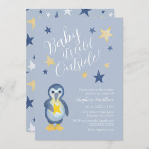 Blue Yellow Winter Pinguin Baby Dusche Einladung