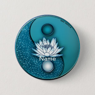 Blue Yin Yang Lotus Button