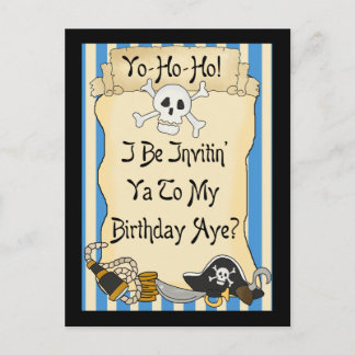Blue Yo Ho Ho Pirate Birthday Invites Einladungspostkarte
