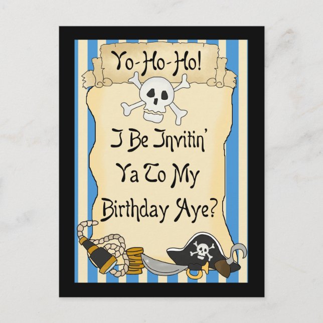Blue Yo Ho Ho Pirate Birthday Invites Einladungspostkarte (Vorderseite)