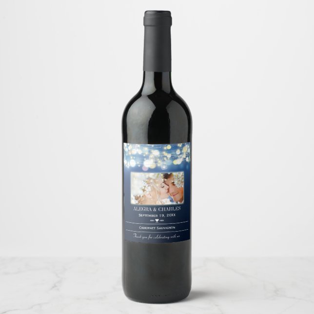 Blue Your Foto Date Names Wedding Wine Label Weinetikett (Vorderseite)