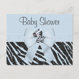 Blue Zebra, Printed Bow & Glitzer Look Baby Dusche Einladung