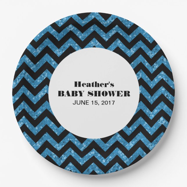 Blue Zickzack Glitzer Baby Duschpapier Teller (Vorderseite)