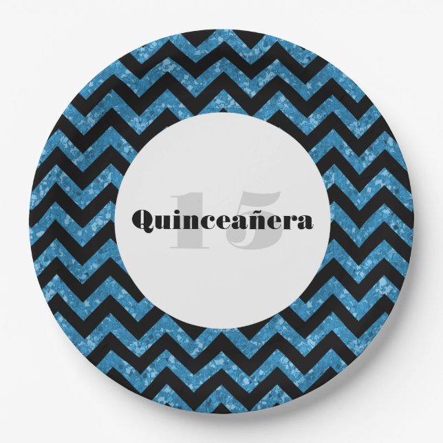 Blue Zickzack Glitzer Quinceañera Teller (Vorderseite)