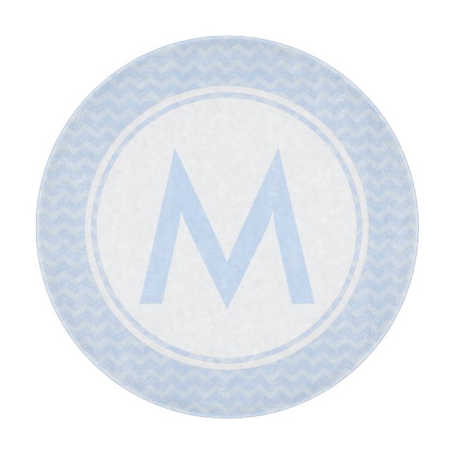 Blue Zickzack Monogram Glass Cutting Board 12" Schneidebrett (Vorderseite)