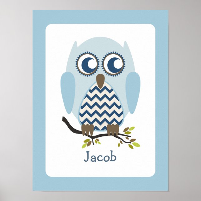 Blue + Zickzack Owl Personalisiertes Kinderzimmer  Poster (Vorne)
