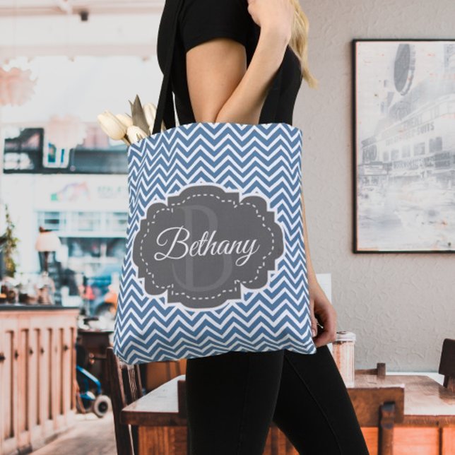 Blue Zickzack Personalisiert Tote Bag (Blue Chevron Personalized Tote Bag)