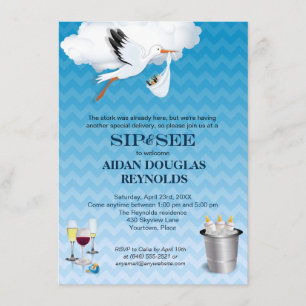 Blue Zickzack Stork Baby Sip and See Party Einladung