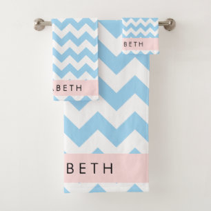 Blue Zigzag, Blue Zickzack, Wave Pattern, Ihr Name Badhandtuch Set