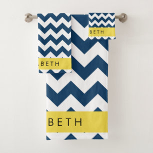 Blue Zigzag, Navy Blue Zickzack, Ihr Name Badhandtuch Set