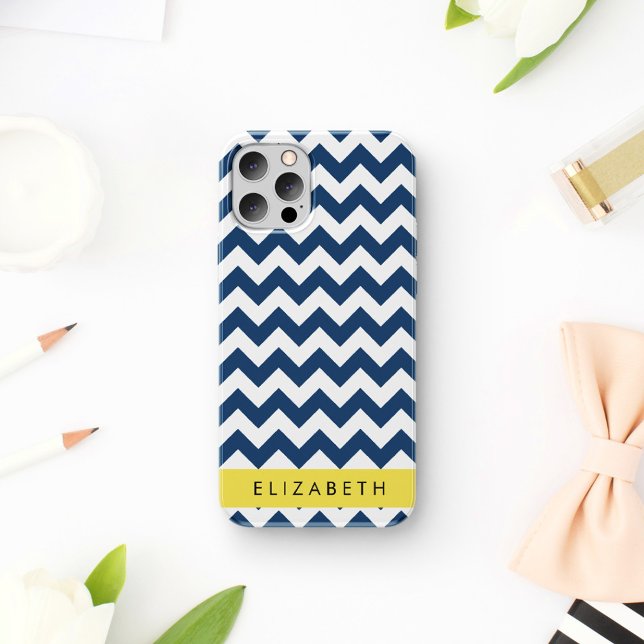 Blue Zigzag, Navy Blue Zickzack, Ihr Name iPhone 16 Hülle (Von Creator hochgeladen)