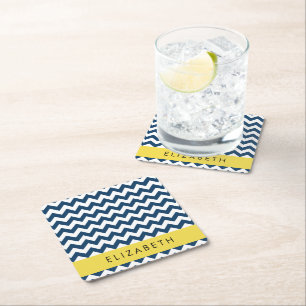 Blue Zigzag, Navy Blue Zickzack, Ihr Name Rechteckiger Pappuntersetzer