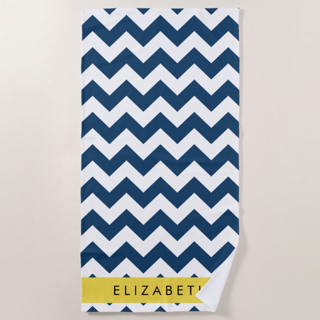 Blue Zigzag, Navy Blue Zickzack, Ihr Name Strandtuch (Vorderseite)