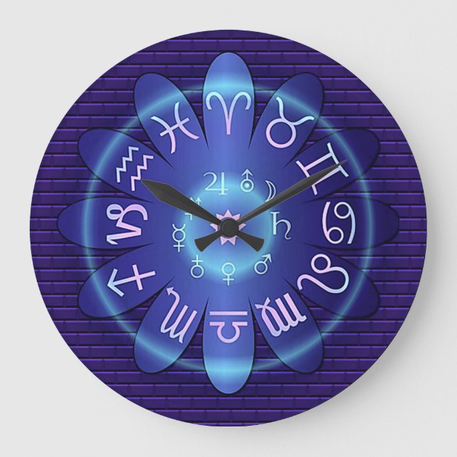 Blue Zodiac Astrology Symbos Wall Clock Große Wanduhr (Vorderseite)