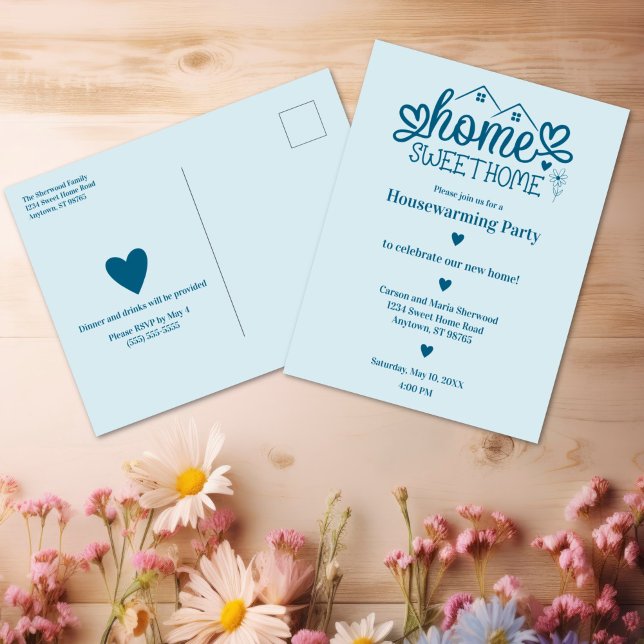 Blue Zuhause Sweet Zuhause Personalisiert Housewar Postkarte (Blue Home Sweet Home Personalized Housewarming Postcard
)