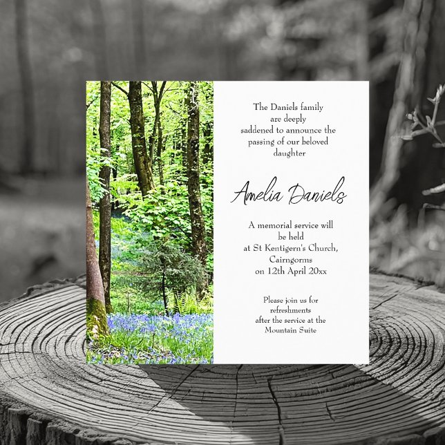 Bluebell wood Funernouncement Card Einladung (Elegant funeral announcement cards for a beautiful soul lost too soon.💕)