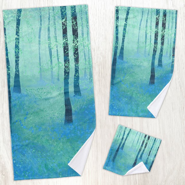Bluebell Woodland Badhandtuch Set (Bluebell Woodland forest abstract blue and green landscape art bathroom towel set)