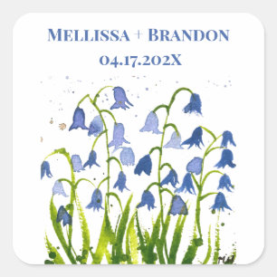 Bluebells Blue Floral Summer Watercolor botanisch Quadratischer Aufkleber