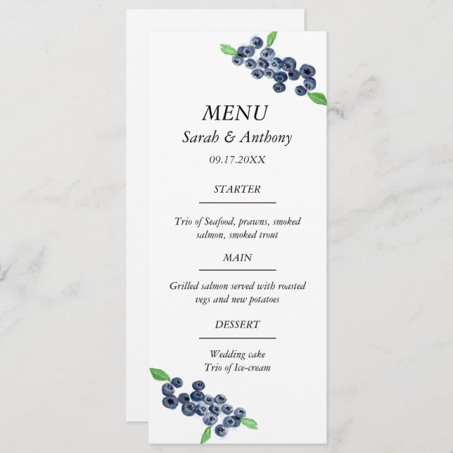 Blueberries Blue Fruit Watercolor Wedding Food Menükarte (Vorne/Hinten)