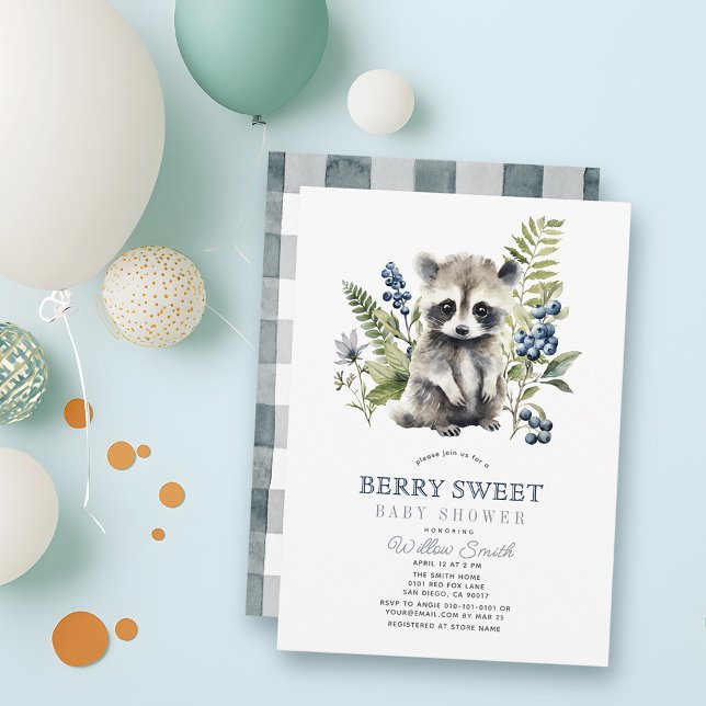 Blueberries & Raccoon Berry Sweet Boy Baby Shower Einladung (Von Creator hochgeladen)