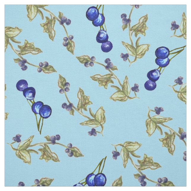 Blueberries Stemmed Blätter Sky Blue Background Stoff (Muster)