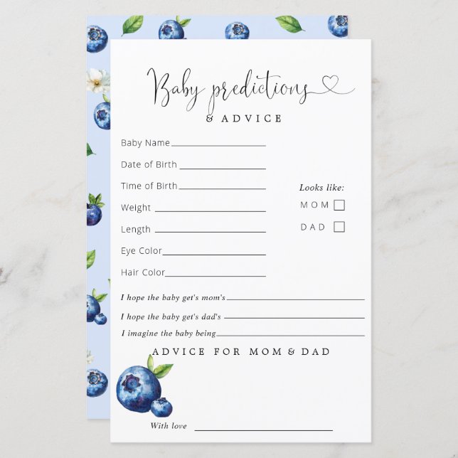 Blueberry Baby Shower Predictions Ratschläge (Vorne/Hinten)