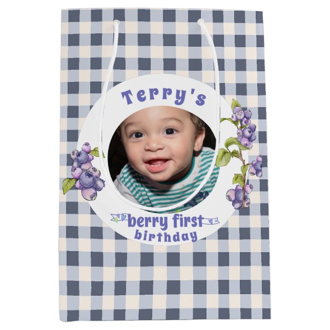Blueberry Berry First Birthday Mittlere Geschenktüte (Vorderseite)