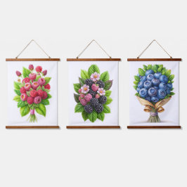 Blueberry Bliss - Juicy Berry Bouquet Tapestry Wandteppich Mit Holzrahmen