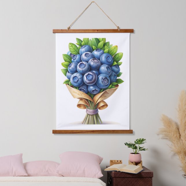 Blueberry Bliss - Juicy Berry Bouquet Tapestry Wandteppich Mit Holzrahmen (Schlafzimmer)