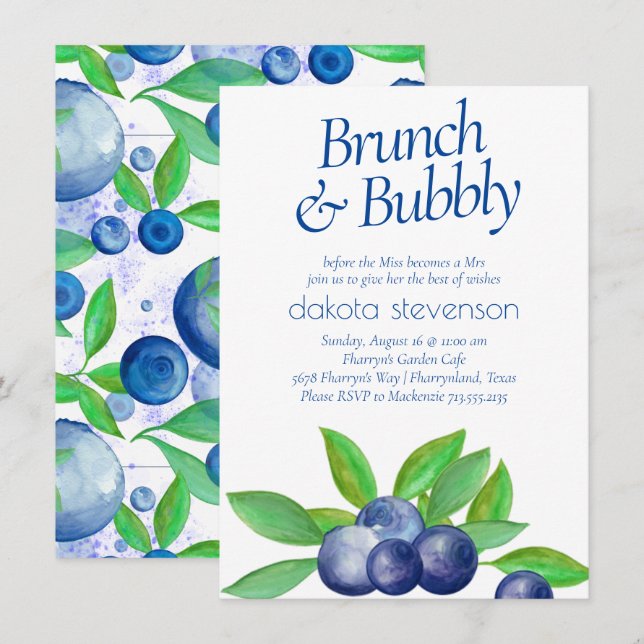 Blueberry Chic | Classic Blue Green Bubbly Brunch Einladung (Vorne/Hinten)