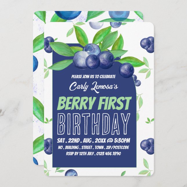 Blueberry Design, Berry First Birthday Einladung (Vorne/Hinten)