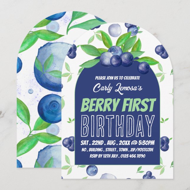 Blueberry Design, Einladung zum ersten Geburtstag  (Vorne/Hinten)