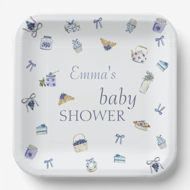 Blueberry Dessert Baby Shower Watercolor  Pappteller (Vorderseite)