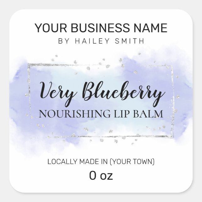 Blueberry Flavor Blau und Silver Lip Balm Quadratischer Aufkleber (Vorderseite)