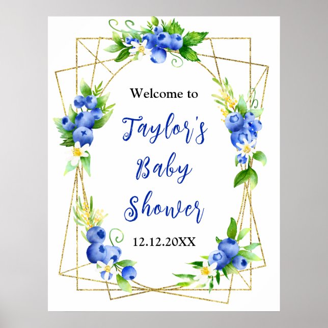 Blueberry Floral Baby Dusche Begrüßungszeichen Poster (Vorne)