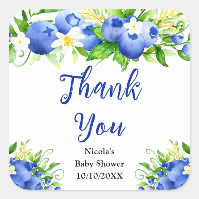 Blueberry Floral Baby Shower Thank You Quadratischer Aufkleber (Vorderseite)