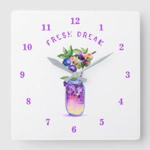 Blueberry Juice Cool Drink Summer Wall Clock Quadratische Wanduhr
