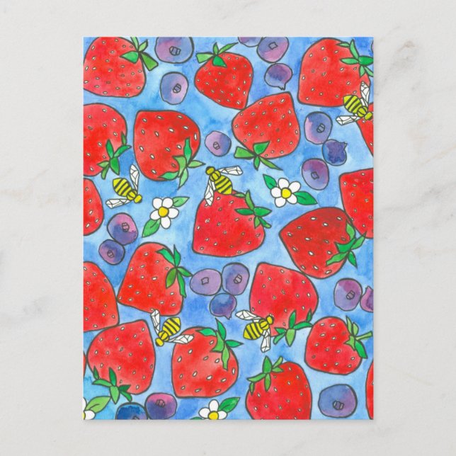 Blueberry Strawberry Bees Wasserfarbe Obst Postkarte (Vorderseite)