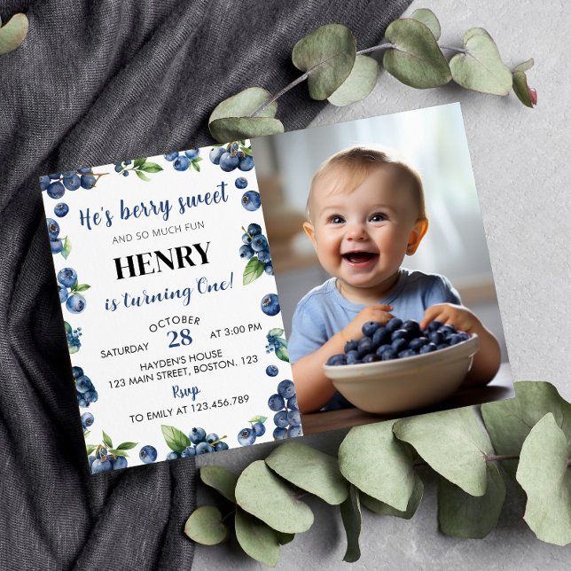 Blueberry Sweet First Birthday Photo Invitation Einladung (Von Creator hochgeladen)