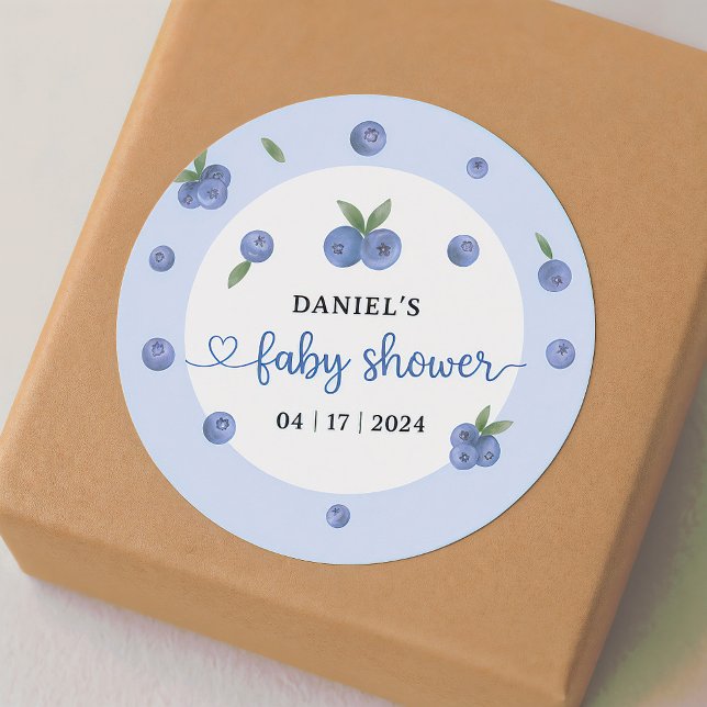Blueberry Sweet Watercolor Boy Baby Dusche Runder Aufkleber (Blueberry Sweet Watercolor Boy Baby Shower Classic Round Sticker)