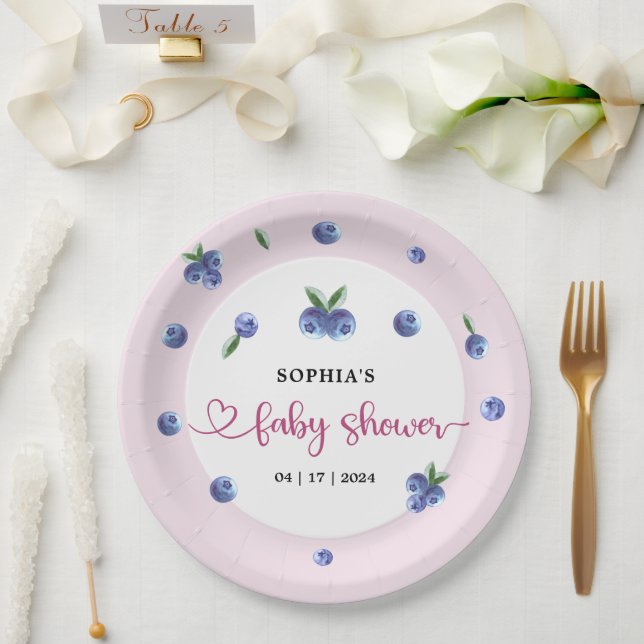Blueberry Sweet Watercolor Girl Babydusche Pappteller (Hochzeit)