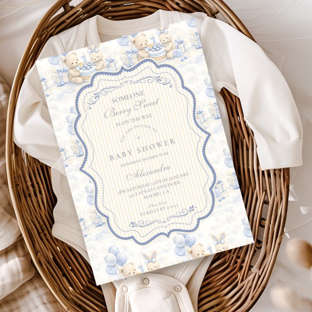 Blueberry Teddy Bear Toile Baby Shower Einladung (Von Creator hochgeladen)