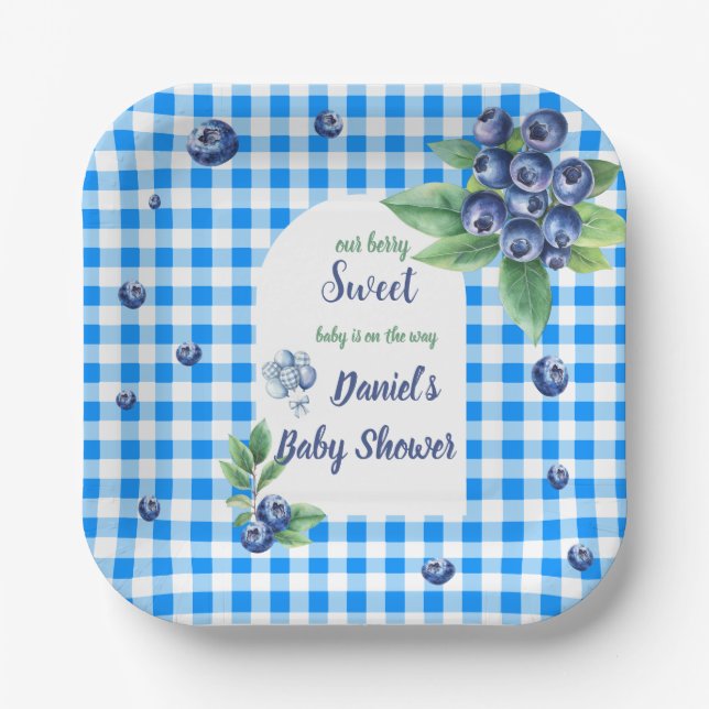 Blueberry-Themed Gingham Watercolor Babydusche Pappteller (Vorderseite)