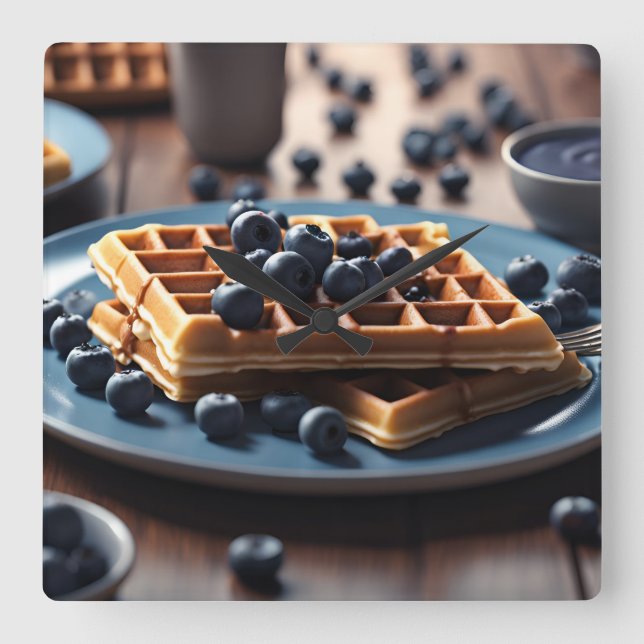 Blueberry Waffles Quadratische Wanduhr (Vorderseite)
