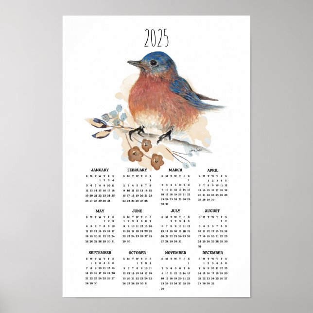 Bluebird-Aquarell 2025 Volljähriger Poster-Kalende Poster (Vorne)